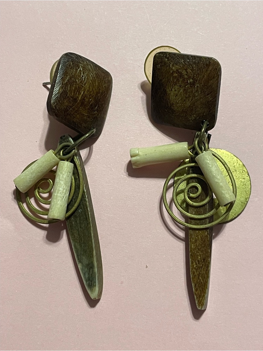 Vintage Brass & Bone Dangling Pierced Earrings #9186